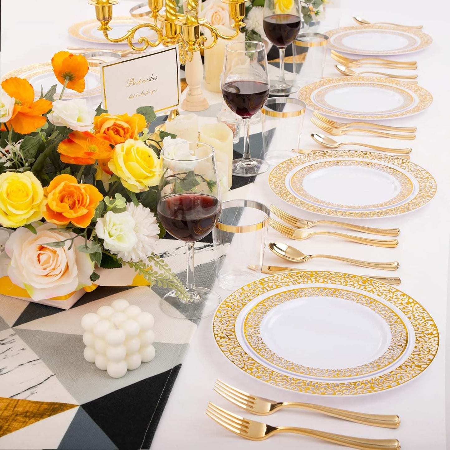 WELLIFE 175 PCS Gold Plastic Plates, Gold Rim Plastic Dinnerware Set, Includes: 25 Dinner plates, 25 Salad Plates, 25 Tumblers 9oz, 50 Forks, 25 Knives and 25 Spoons for Party