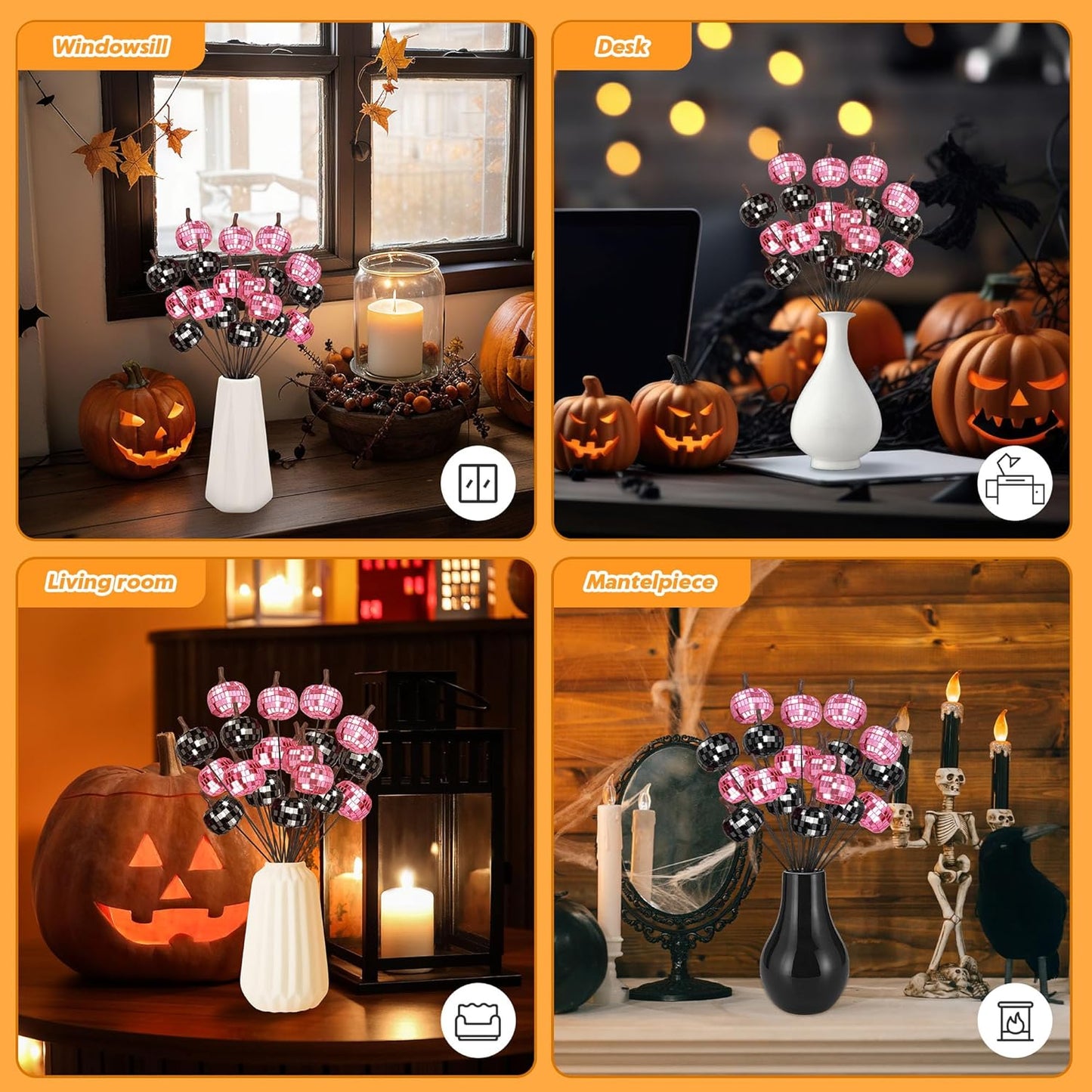 20Pcs Disco Halloween Decor, Disco Pumpkin Table Decoration, 14 Inch Artificial Glitter Mirror Pumpkin Sticks Ornament Halloween Branches for Table Centerpiece Party Decor