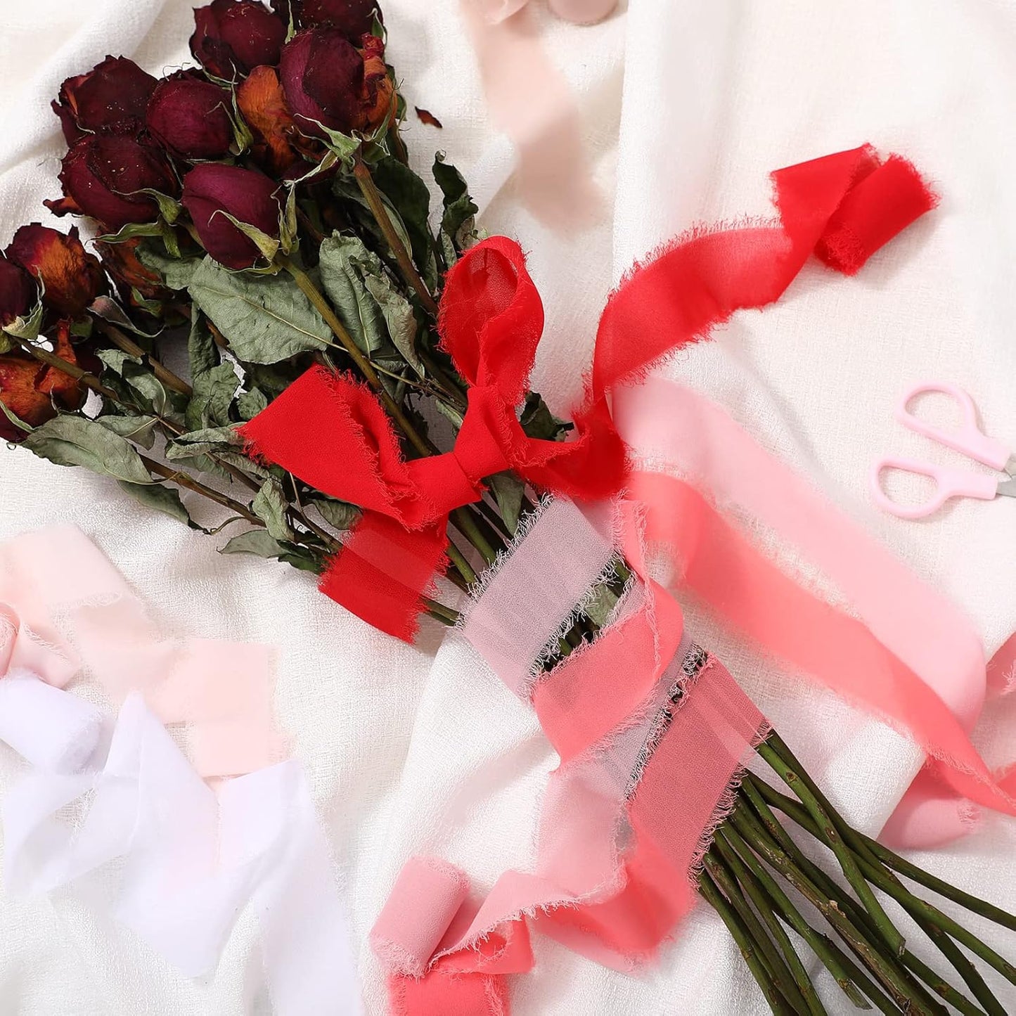 6 Rolls Handmade Fringe Chiffon Silk Ribbon 1.5" x 3 Yd Colorful Ribbon for Wedding Invitations, Bridal Bouquets, Gifts Wrapping, DIY Crafts (Pink Red Set)