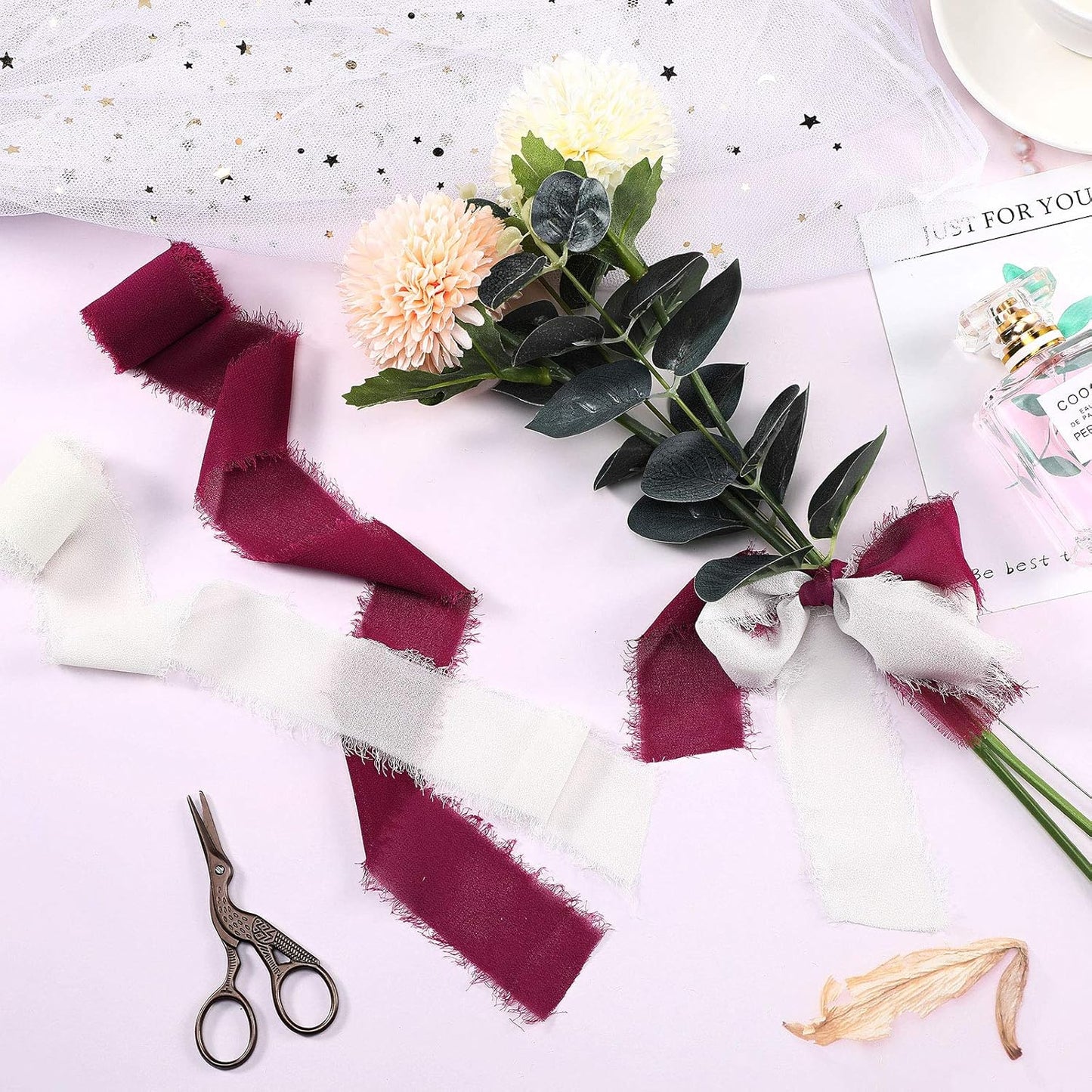 6 Rolls Handmade Fringe Chiffon Silk Ribbon 1.5" x 3 Yd Colorful Ribbon for Wedding Invitations, Bridal Bouquets, Gifts Wrapping, DIY Crafts (Red and Green Set)