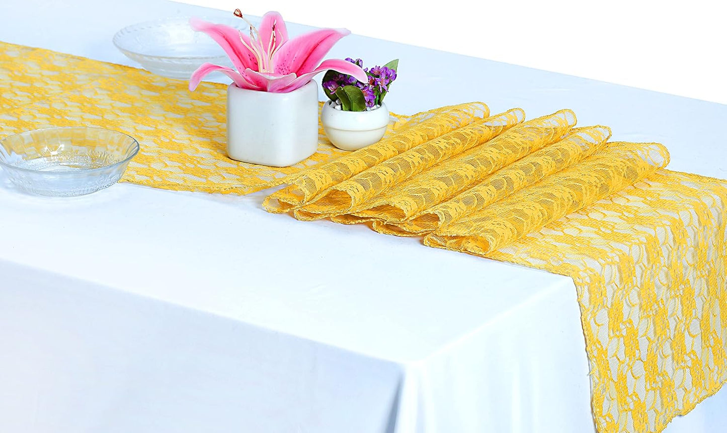 MDS Pack of 15 Wedding 12 x 108 inches Lace Table Runner for Wedding, Decorations for Birthday Parties, Banquets, Graduations, Engagements, and Runners fit Rectangle, Round Table- Yellow Gold