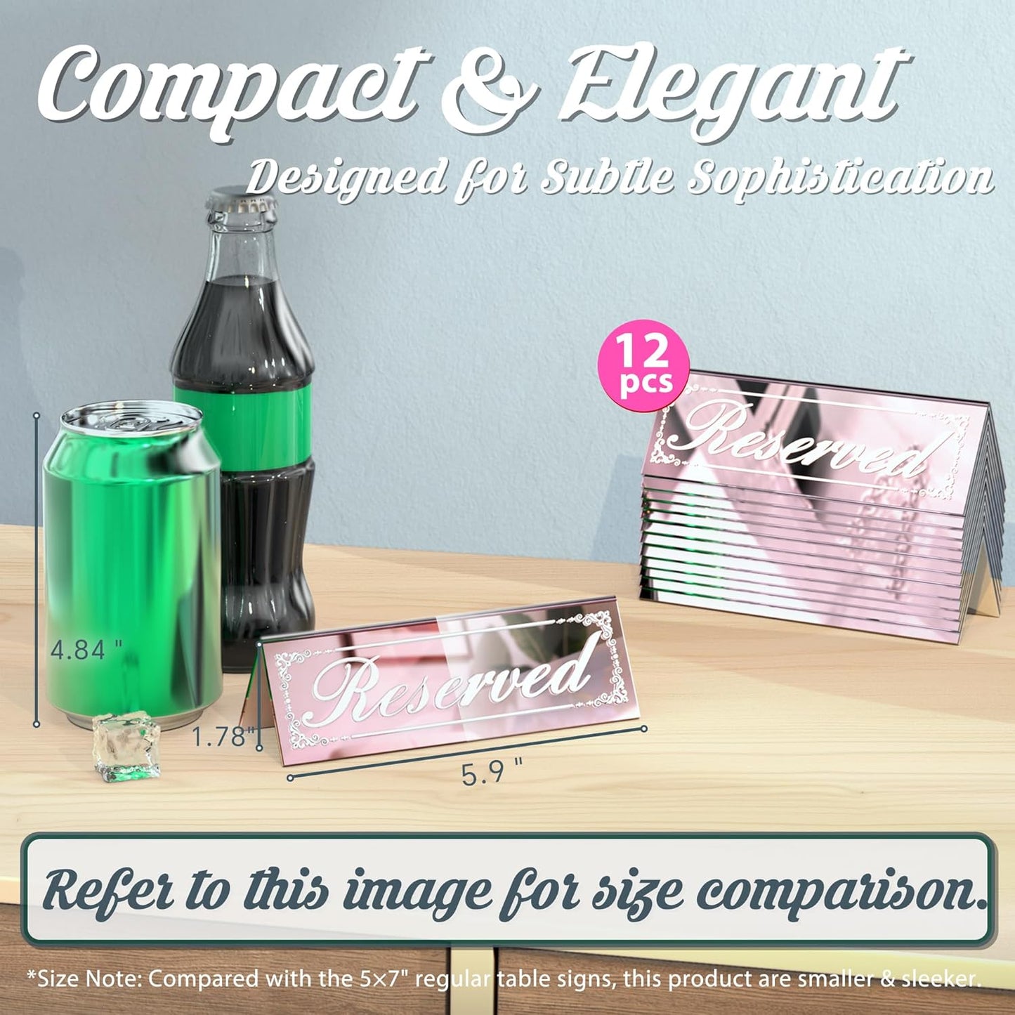 12 Pcs Mirrored Rose Gold Reserved Table Signs, 6" x 2" Double-Sided Letters, Acrylic Reserved Table Tent Signs with Suede Cloth for Wedding Restaurant Ceremony Banquet Parties