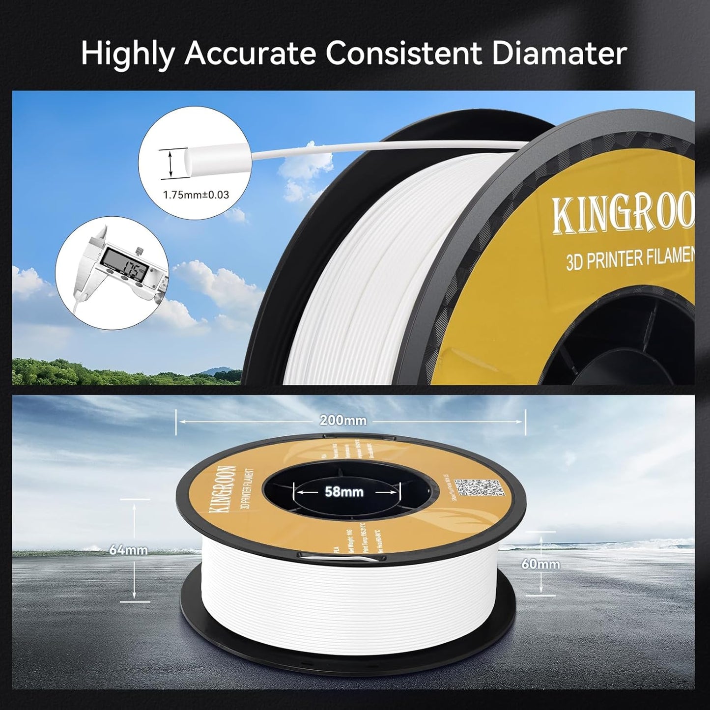 Kingroon White PLA Filament 1.75mm 3D Printer Filament Pla Filament 1kg Filament Dimensional Accuracy +/- 0.02mm, Fit Most FDM Printer