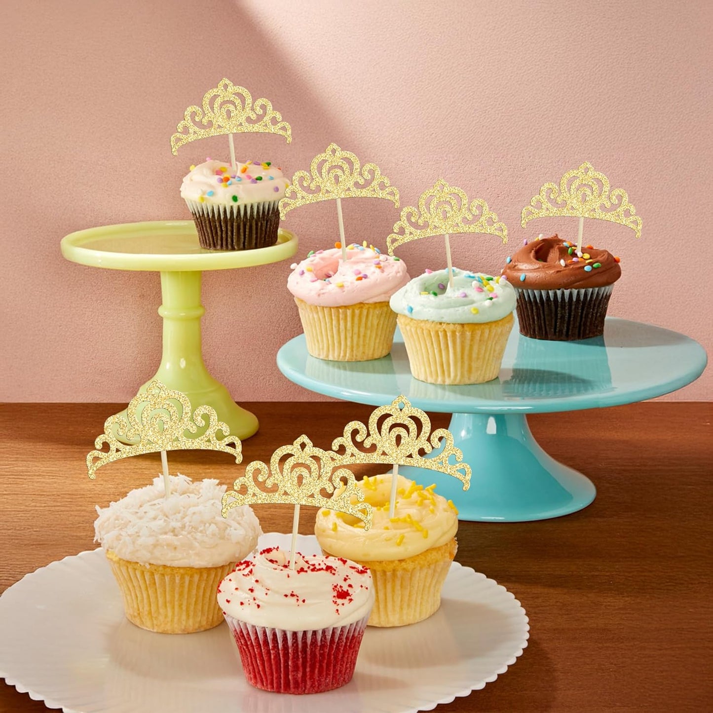 Gyufise 24Pcs Gold Princess Crown Cupcake Toppers Glitter Princess Cake Pick Decorations for Wedding Girl Birthday Baby Shower Party Decorations Light Gold