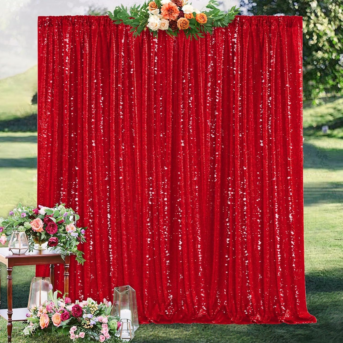 Glitter Party Backdrop Curtain Red - Sequin 10ft x 10ft Background Drapes for Valentines Day Christmas Birthday
