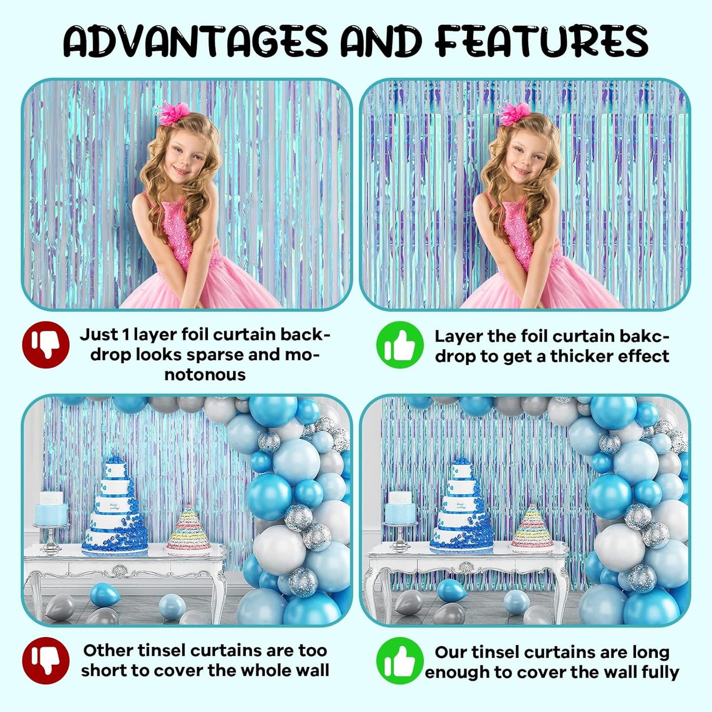 4 Pack 3.3x8.2 Feet Neon Iridescent Foil Fringe Backdrop Curtains, Tinsel Streamers Birthday Party Decorations, Fringe Backdrop for Graduation, Baby Shower, Gender Reveal, Disco Party