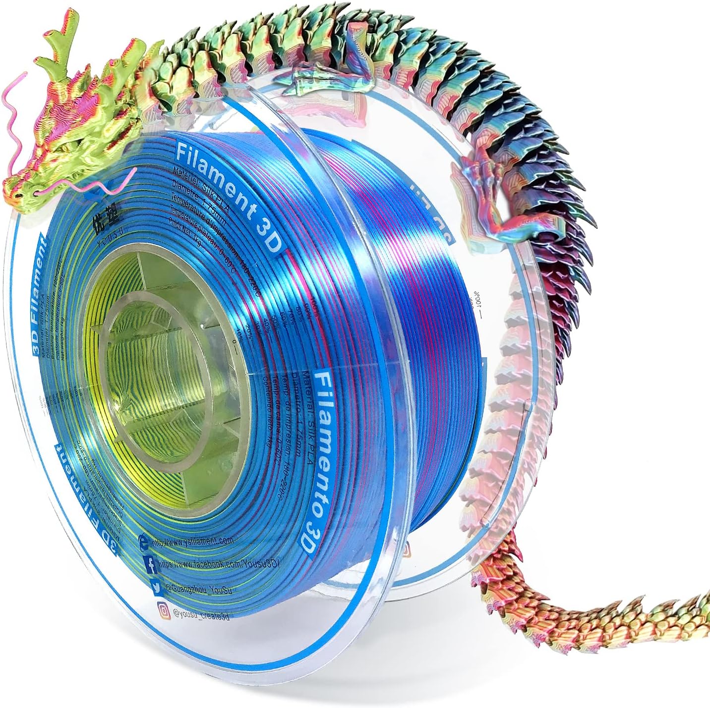 YOUSU PLA Filament Triple Color Coextrusion Silk 3D Printer Filament 1.75mm for 3D Printer & 3D Pen, Multicolor PLA Rainbow Filament, 1kg(2.2lbs) Silk PLA Red Gold Blue.