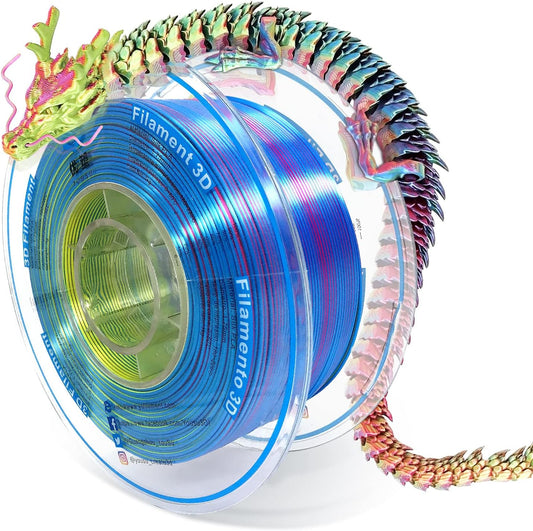 YOUSU PLA Filament Triple Color Coextrusion Silk 3D Printer Filament 1.75mm for 3D Printer & 3D Pen, Multicolor PLA Rainbow Filament, 1kg(2.2lbs) Silk PLA Red Gold Blue.