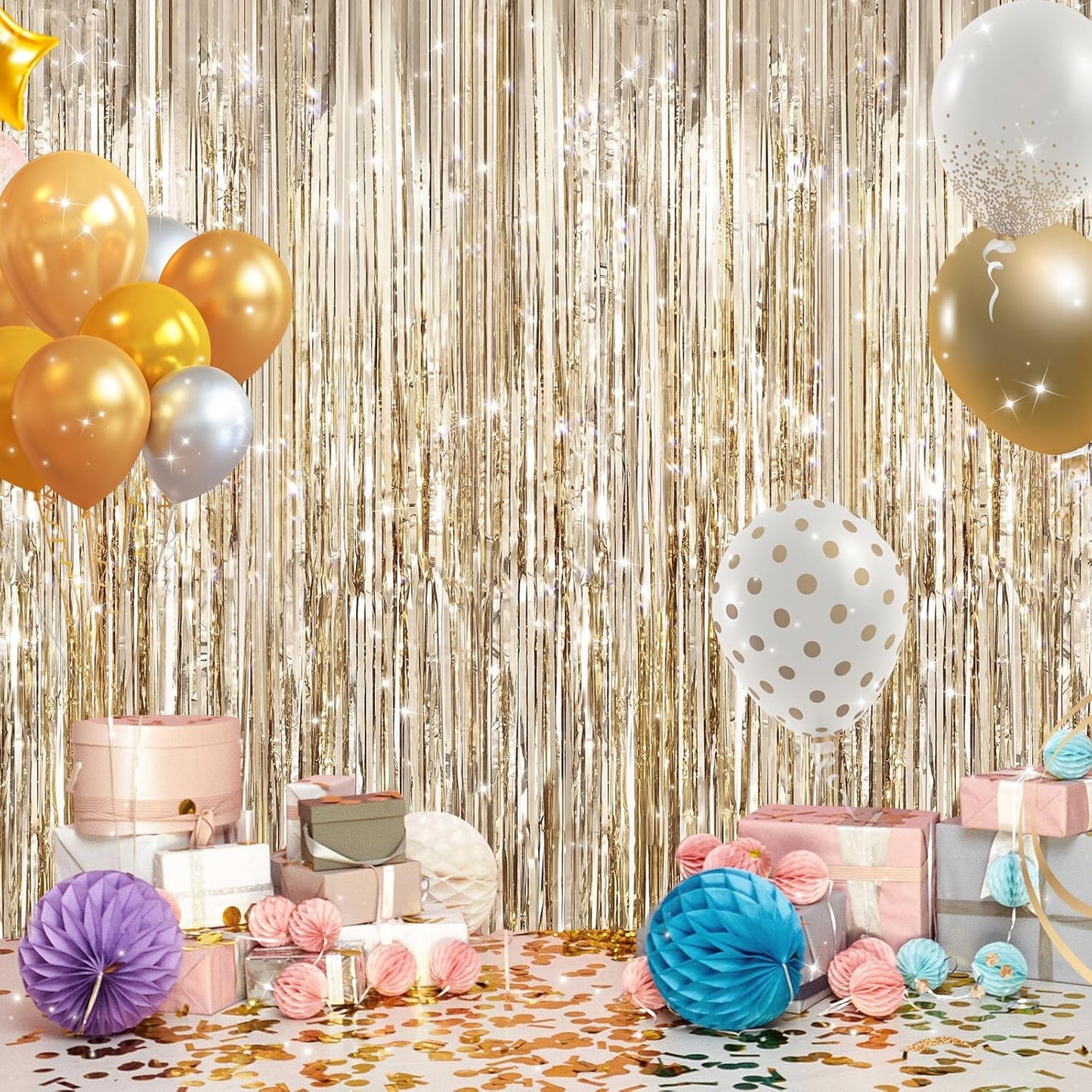 2Pack Champagne Gold Foil Fringe Backdrop Curtains, Tinsel Door Streamers, Fringe Backdrop for Graduation New Years Eve, Graduation, Birthday, Wedding, Baby Shower, Gender Reveal, Disco Party Decors