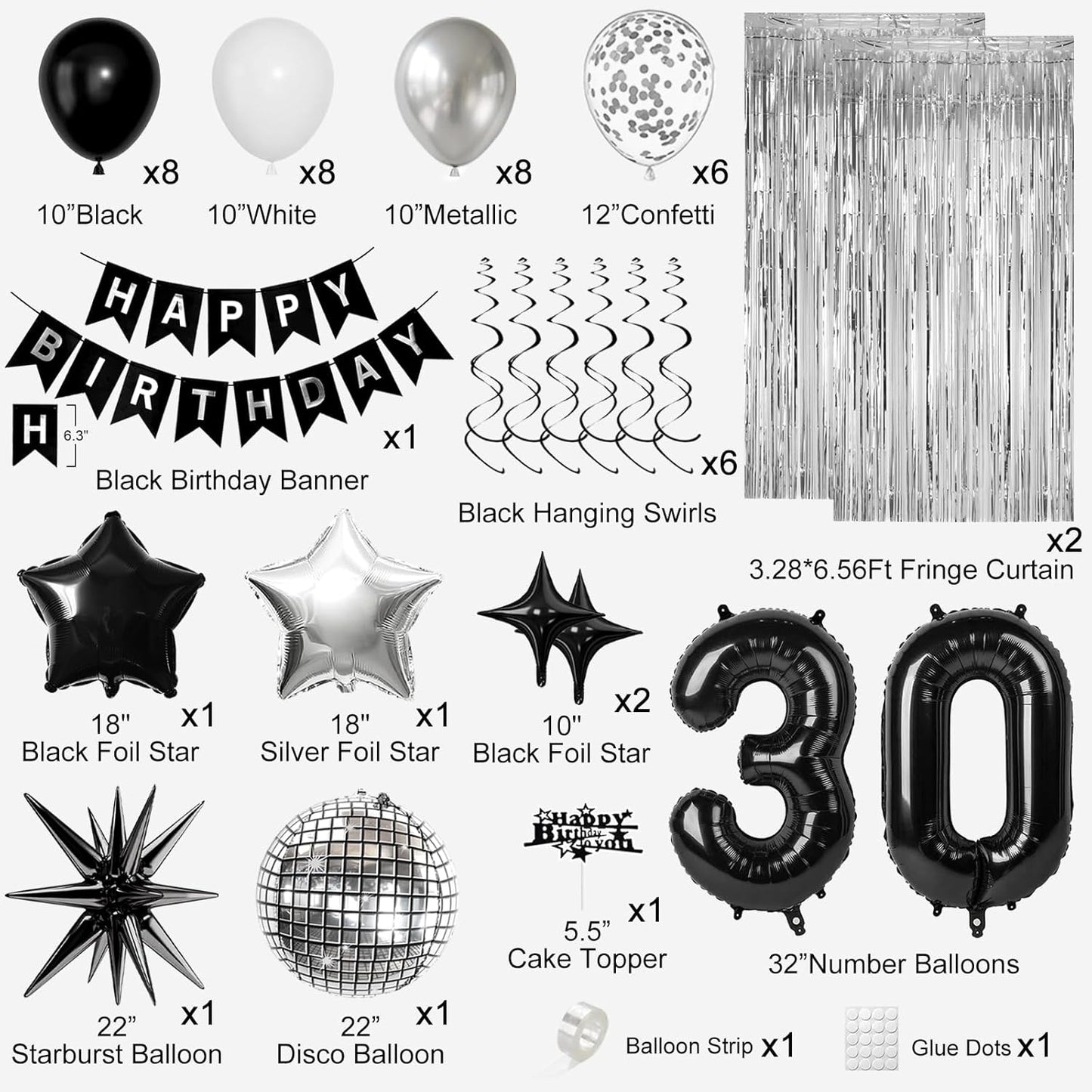 30th Birthday Decorations for Men Women, Black Silver Happy Birthday Party Decorations， 30 Year Old Party Supplies with Number 30 Balloons, Banner, Fringe Curtains Kit