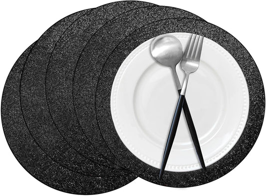 50 Pieces Black Glitter Paper Place Mats Sparkle 14'' Round Disposable Table Mats Black Doilies Decorative Placemats for Wedding Banquet Party Home Dining Table Decor