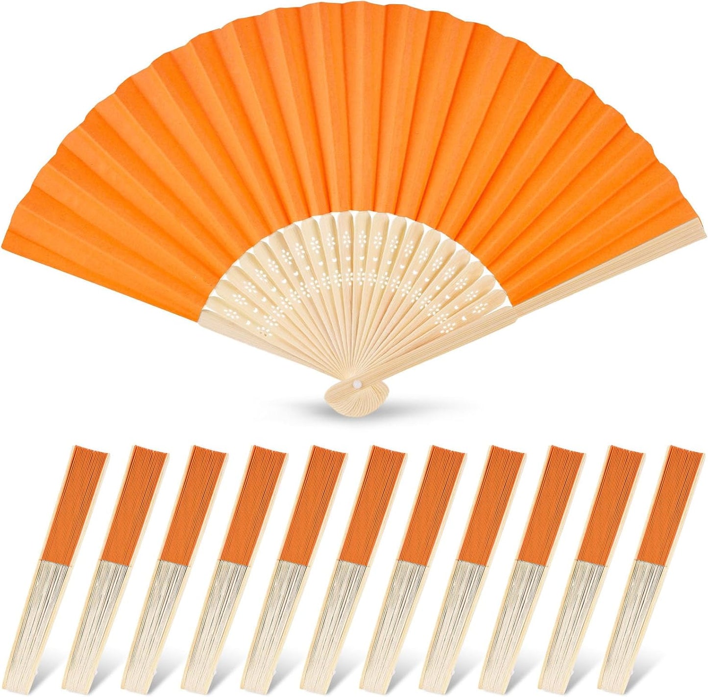 JOHOUSE 12 Packs Paper Folding Hand Fans, 8.3 Inch Orange Paper Fans Handheld Decorative Accessories for Wedding, Outdoor Party Favors, Bridal Shower DIY Decoration Photography Props