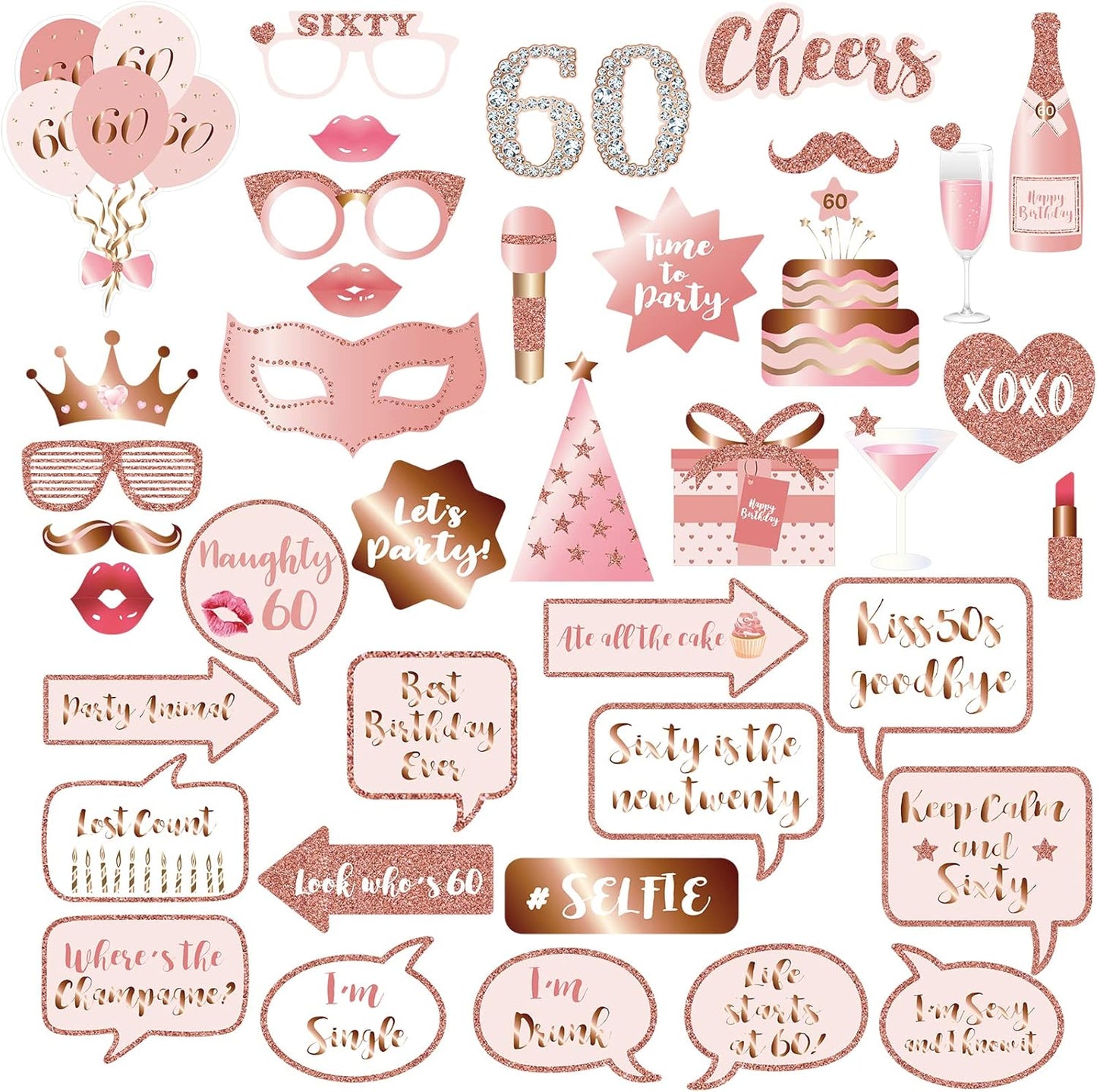60th Birthday Party Photo Booth Props and Signs, Rose Gold 60 Birthday Party Selfie Props Kit with Sticks for Girls Women, Sixty 60th Happy Birthday Party Decorations Supplies Favors