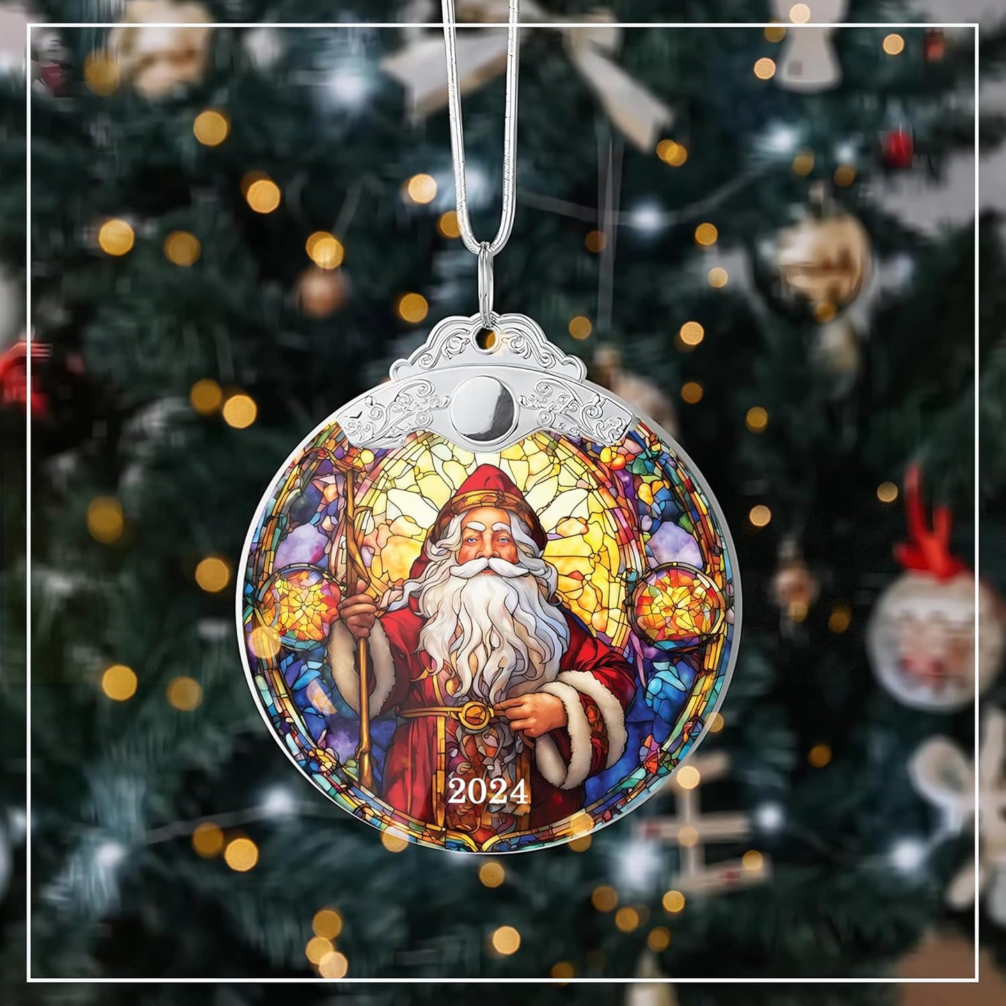 Christmas Tree Ornaments, Stained Glass Effect, Santa Claus Acrylic Art, Holiday Decor, White Elephant Gift for Adults, Christmas Decorations, Stocking Stuffers for Women