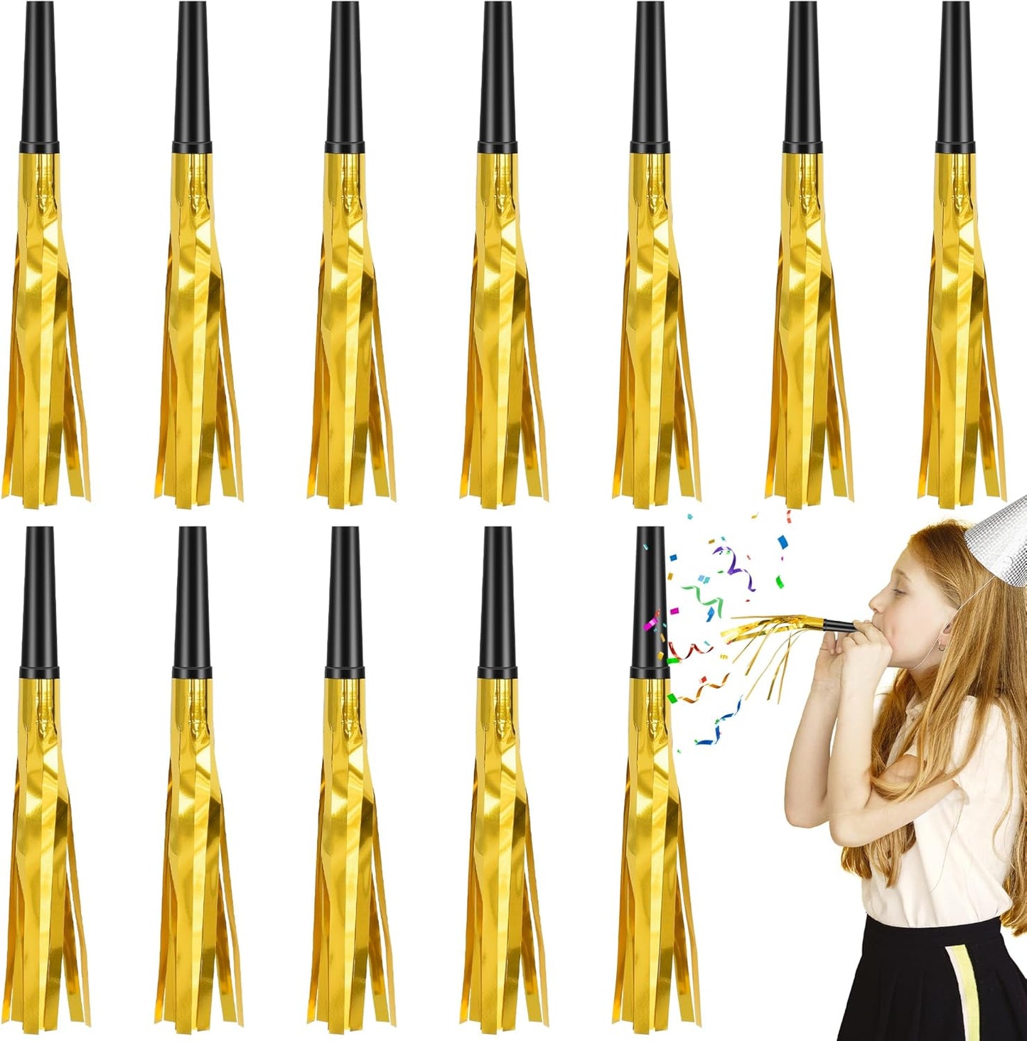 12 Pcs Glitter Noise Makers Metallic Fringed Party Blower for Adults Birthday Graduation New Years Party Favors Supplies (Gold)