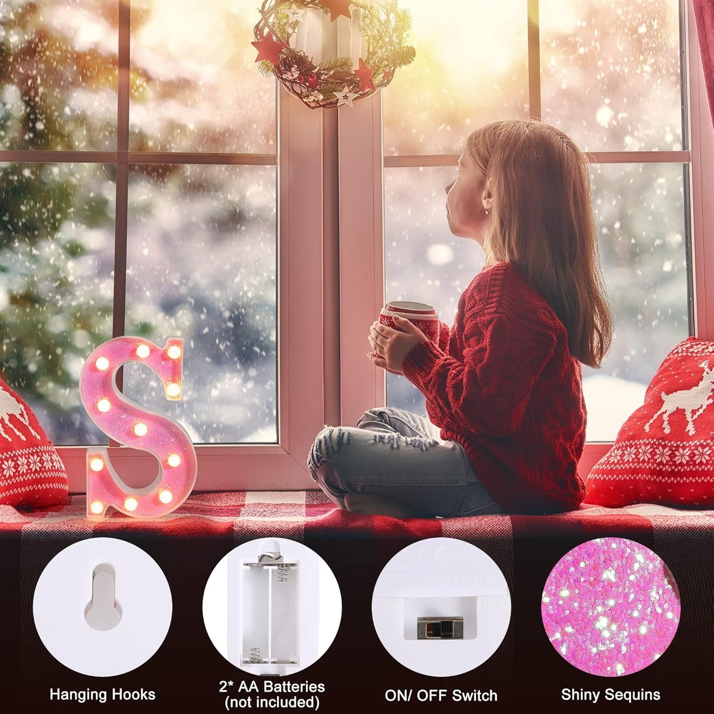 Foaky Pink Light up Letters，Pink Party Decorations,Girls Room Decor,Glitter Light Up Letters,Alphabet Letter Sign for Night Light Birthday Party Girls Gifts, Home Bar Decoration（U）