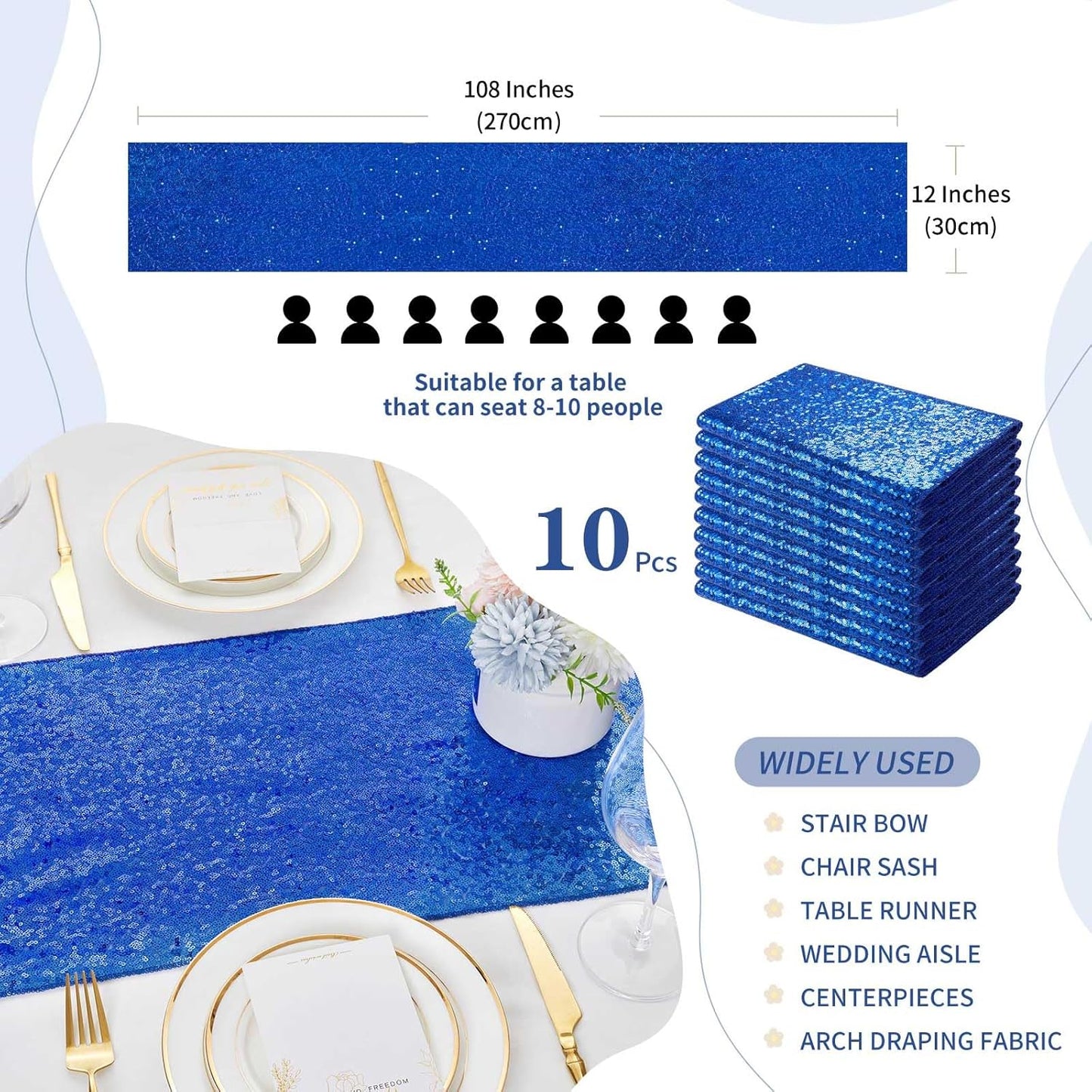 Glitter Sequin Table Runners Royal Blue 10 Pieces 12x108 Inches Sequin Fabric Shimmer Table Runner for Baby Shower Banquet Wedding Table Decorations