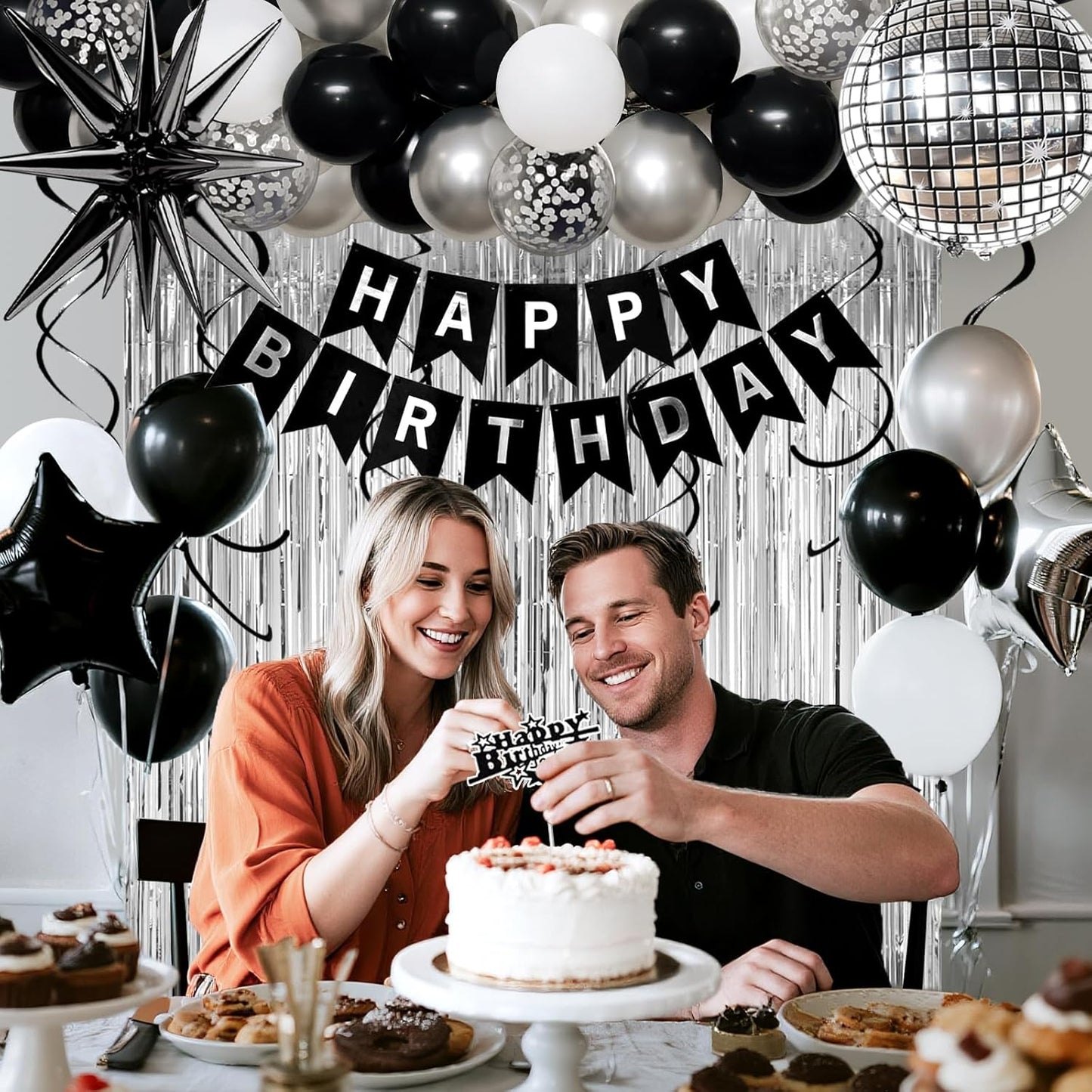 20th Birthday Decorations for Men Women, Black Silver Happy Birthday Party Decorations， 20 Year Old Party Supplies with Number 20 Balloons, Banner, Fringe Curtains Kit