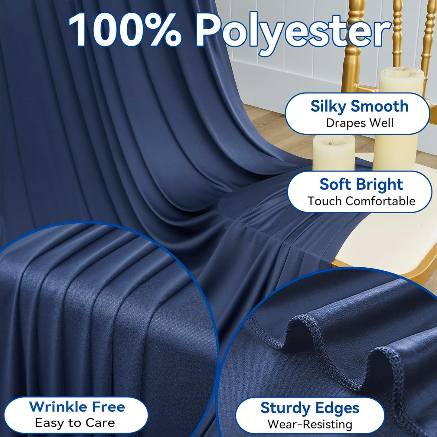 50×12ft Navy Blue Wrinkle Free Backdrop Curtain for Wedding Parties, 10 Panels 5×12ft Long Soft Silky Polyester Backdrop Drapes Photo Back Drop Curtains for Birthday Photography Background Cloth