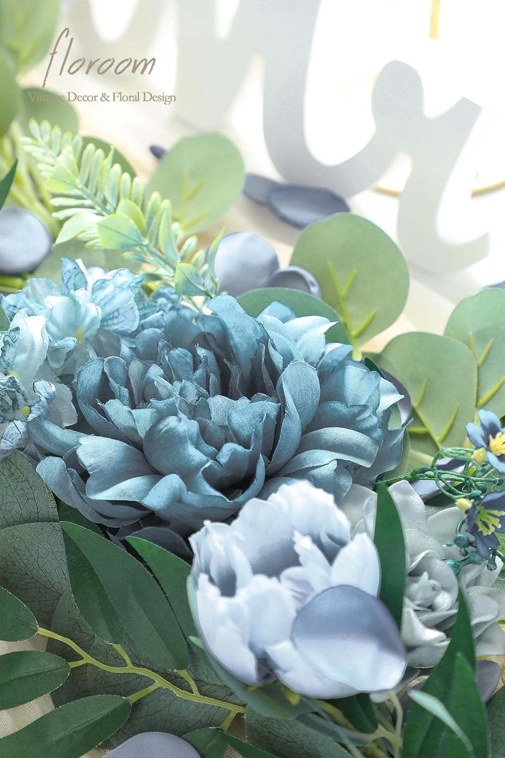 Floroom Dusty Blue Artificial Flowers Powder Blue Fake Roses Peony and Greenery Combo Box Set for DIY Wedding Bouquets Bridal Shower Centerpieces Floral Arrangements Party Tables Home Decorations