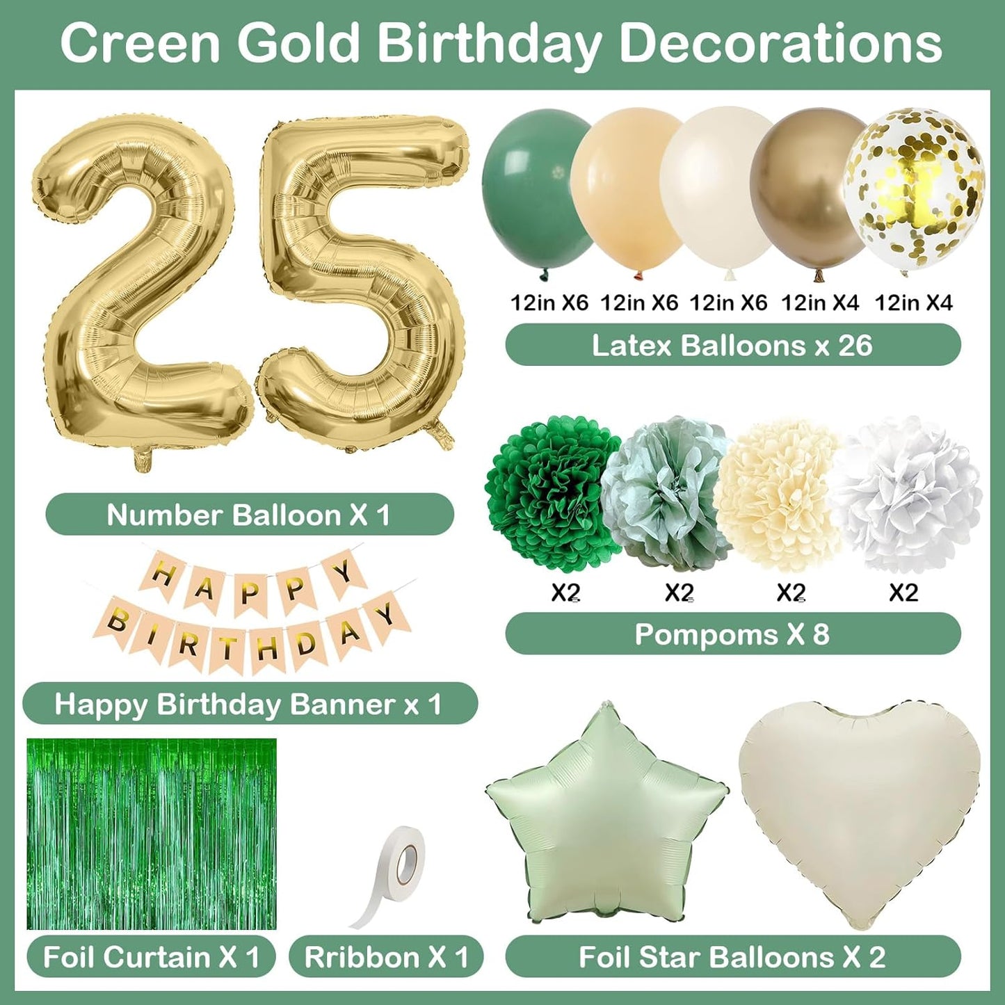 Sage Green 25th Birthday Decorations for Him Gold Number 25 Balloon Nude Gold Happy Birthday Banner Fringe Curtain Paper Pom Poms Olive Green Cream White Sand Star Foil Balloons Party Decor