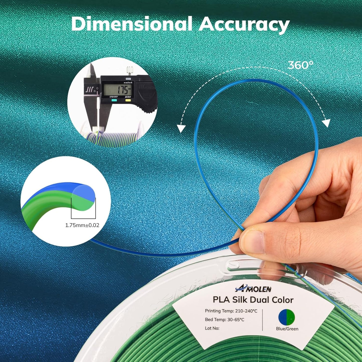 AMOLEN Silk PLA 3D Printer Filament 4KG Bundle, Shiny Dual Color Filament 1.75mm Pack, Multicolor Change 3D Printing Filament for Most FDM 3D Printer, Green Series