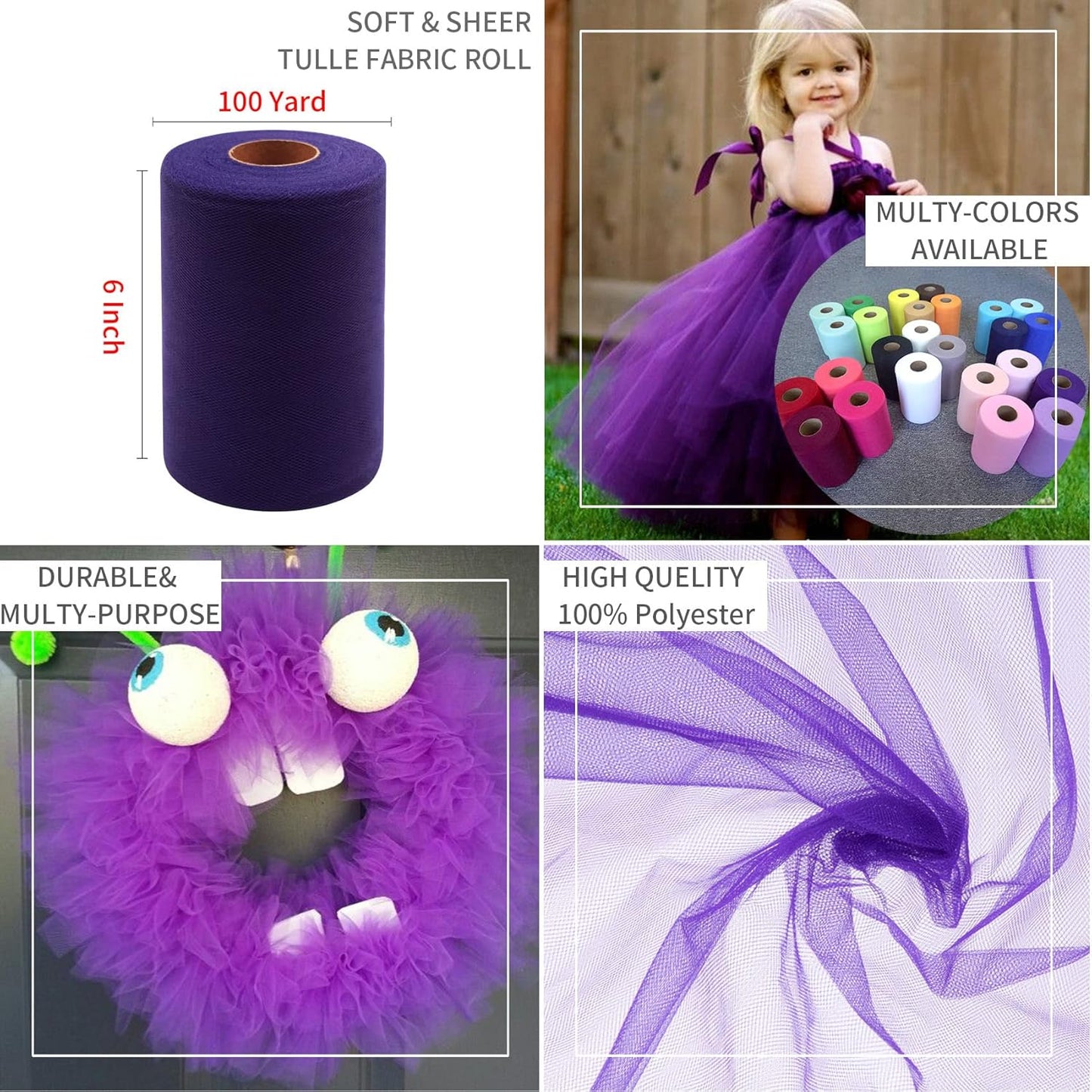 Purple Tulle Fabric Rolls 6 Inch by 100 Yards (300 feet) Fabric Spool Tulle Ribbon for DIY Purple Tutu Halloween Wreath Baby Shower Birthday Party Wedding Decorations Christmas Craft Supplies