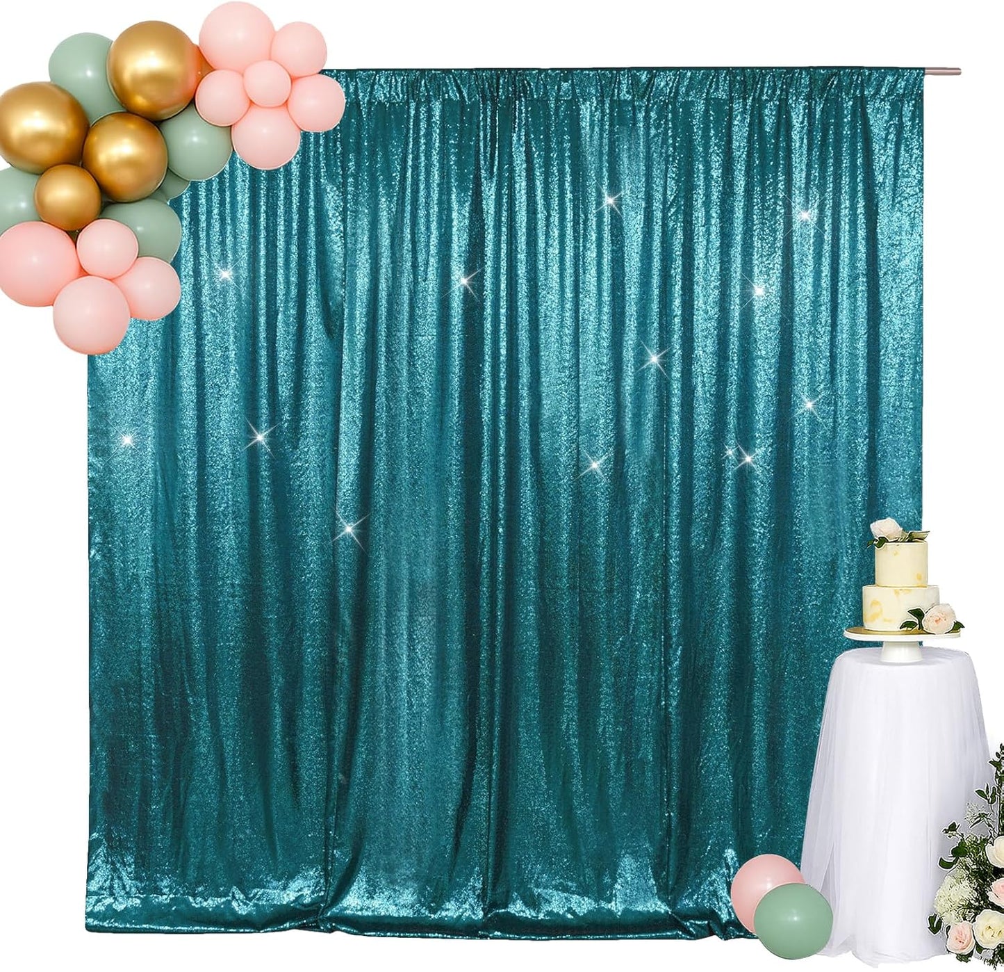 SquarePie Sequin Backdrop LessTransparent Background Sparkly Curtain for Wedding Party 10FT x 10FT Teal