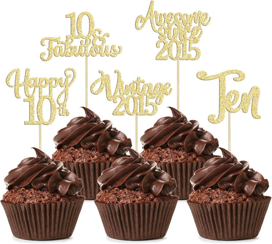 30Pcs Vintage 2015 Cupcake Toppers Glitter Happy 10th Birthday 10 Fabulous Cupcake Picks Cheers to 10 Years for 10th Birthday Wedding Anniversary Party Cake Decorations Supplies Gold