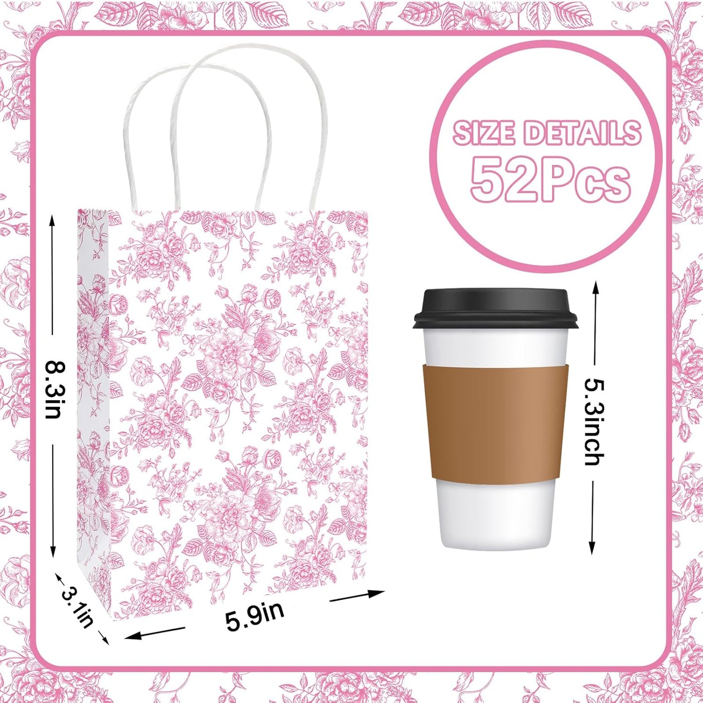 JarThenaAMCS 52Pcs Pink Floral Paper Gift Bag Vintage Wildflower Treat Bags with Handles Chinoiserie Candy Goodie Bags for Spring Summer Birthday Wedding Bridal Shower Party Favors Supplies