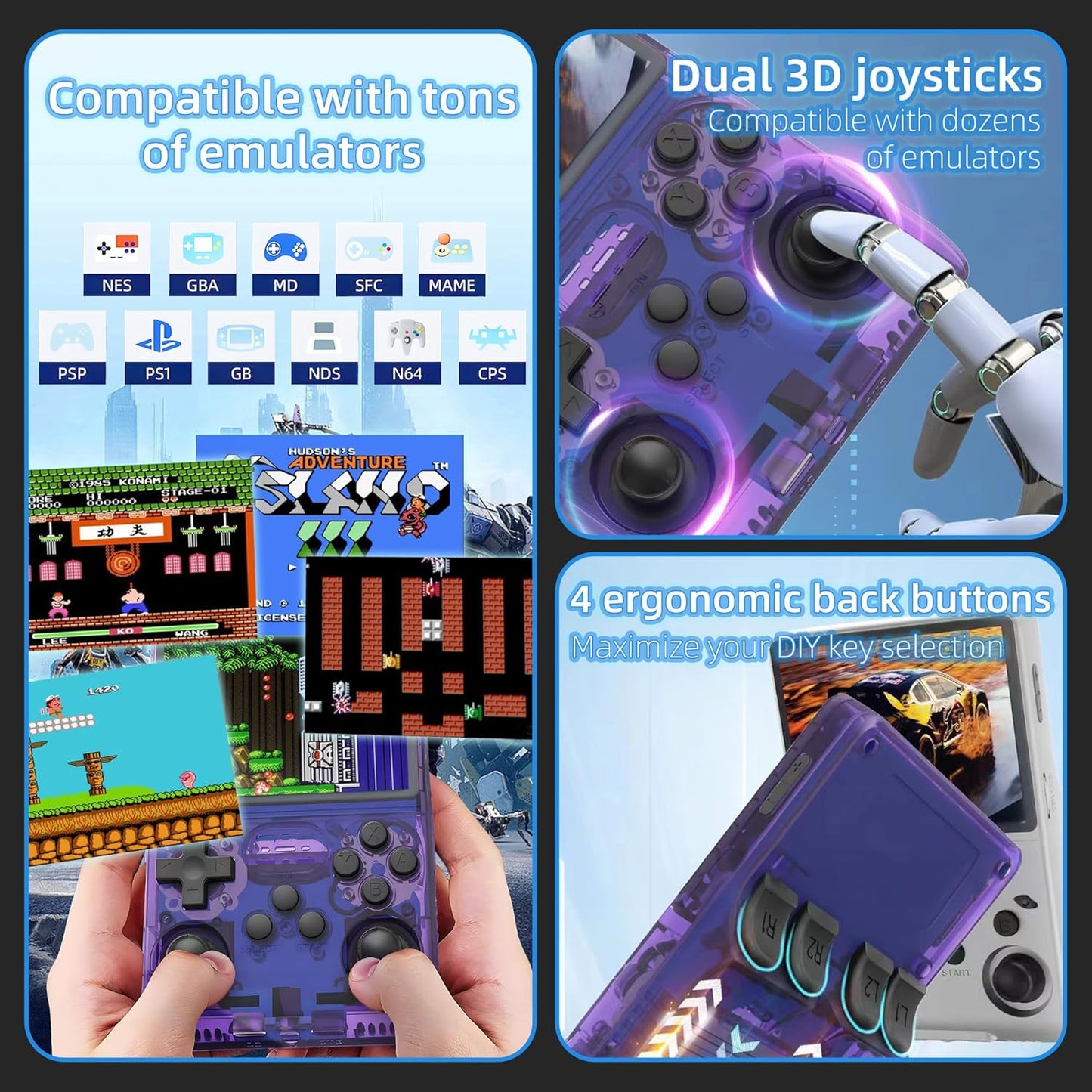 R40S PRO Retro Gaming Console, 30000+ HD Games Handheld Game Console, 3800mAh Rechargeable Mini Retro Video Console with 256GB TF Card, Portable Pocket Arcade (Transparent Purple)