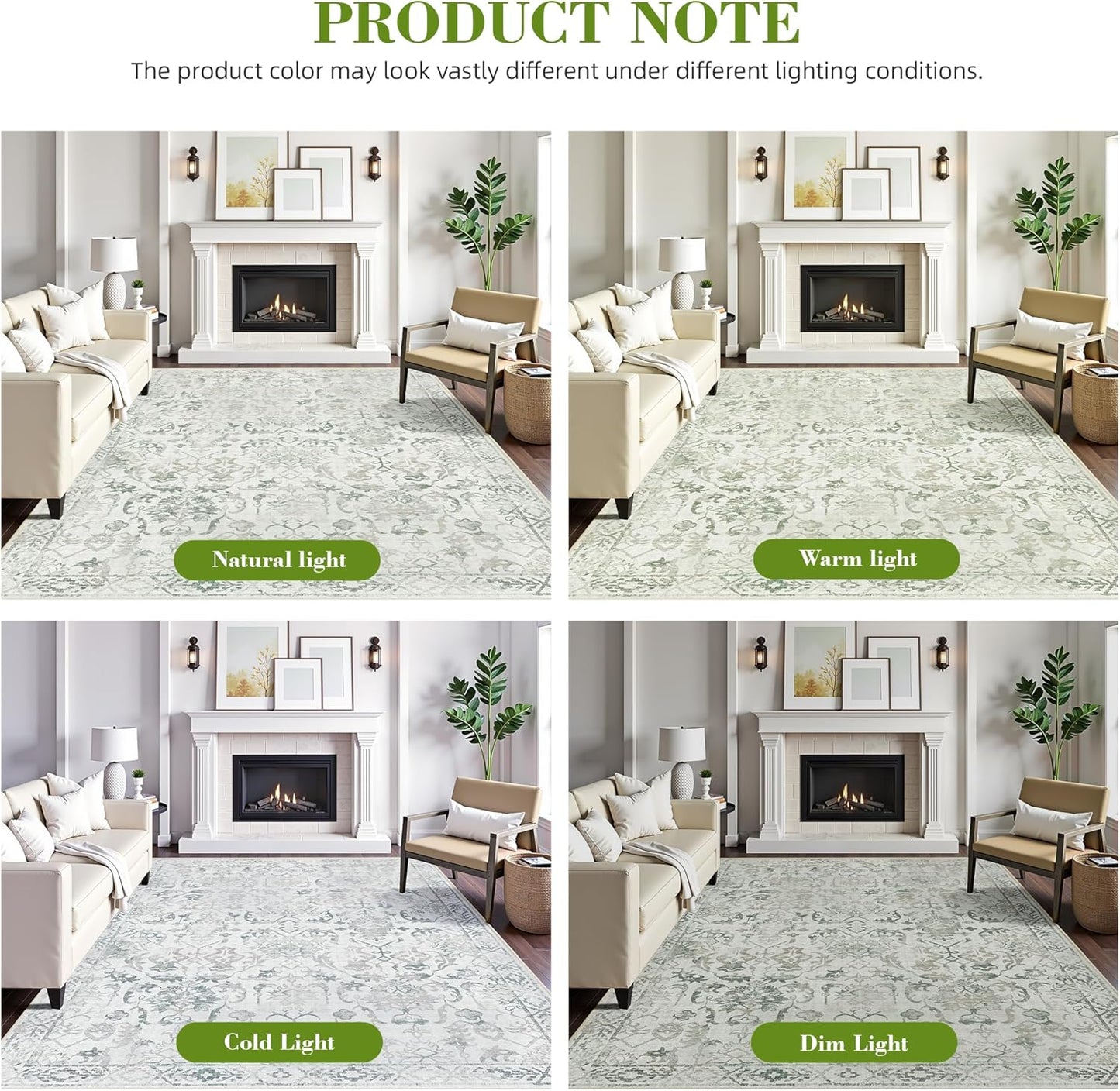 Light Green Area Rugs 5x8 for Living Room, Washable Vintage Rugs for Bedroom, Non Slip Throw Carpet for Bedroom Dining