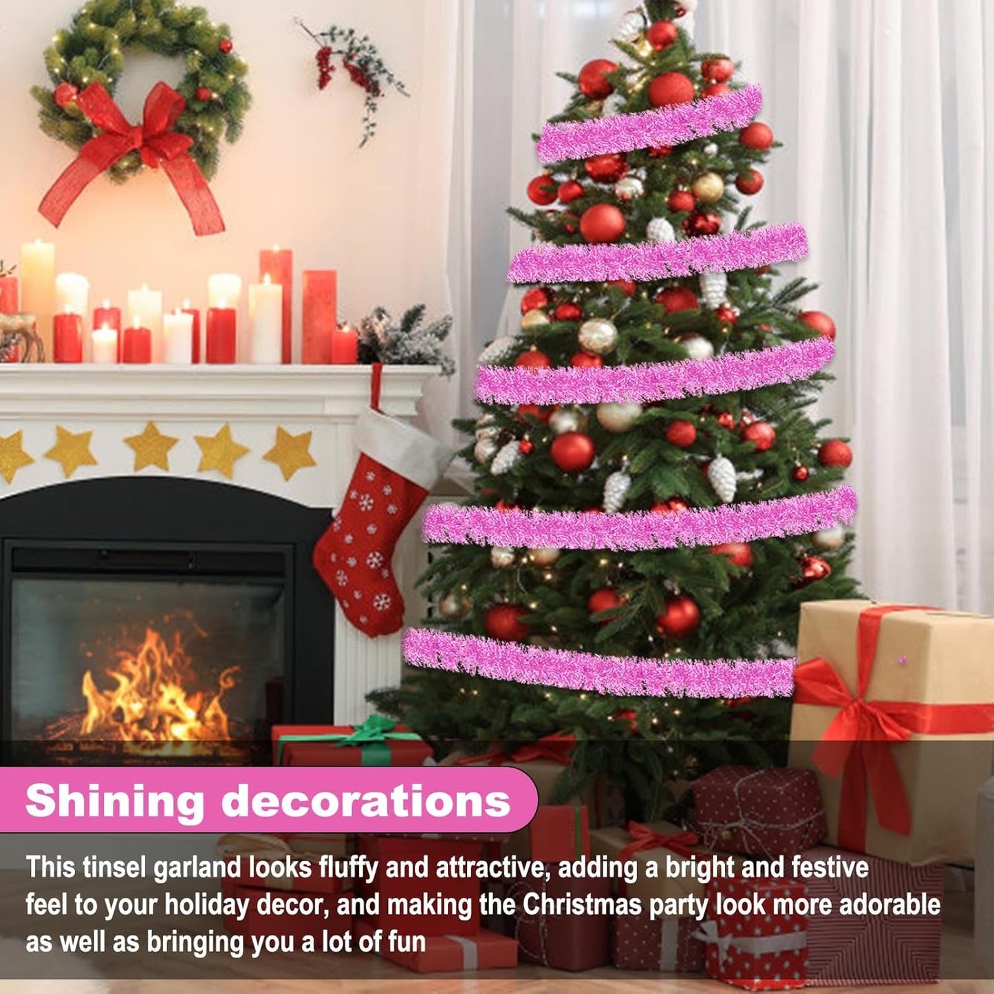 25 Feet Macaron Pink Christmas Tinsel Garland, Metallic Foil Twist Garland Wall Hanging Tinsel Banner Backdrop for Parade Floats, Easter, Mother's Day, Birthday Party Decorations (4in x 25ft)