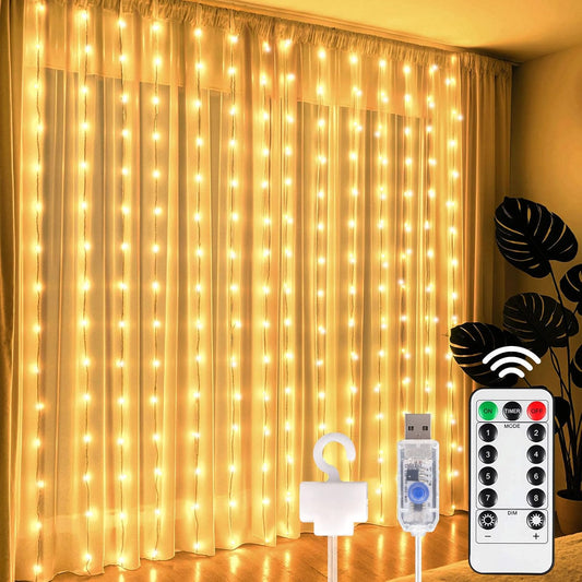 DomeStar 300 LED Curtain Lights for Bedroom, 9.8 x 9.8 FT Battery Operated Lights with 8 Modes Remote Christmas Hanging Wall Window Garden Decor (Warm White)