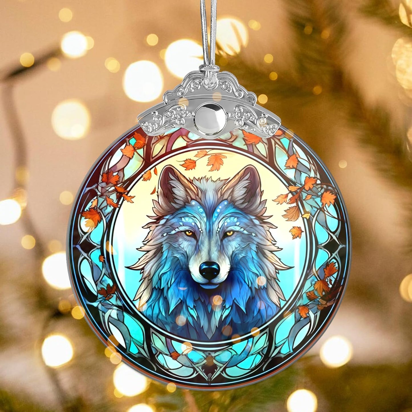 2025 Ornament Stained Glass Effect, Big 4 Inch Acrylic Hanging Art, Tree Ornaments, Holiday Decoration, Car Interior Accent, 2025 Christmas Ornament (Mystic Wolf)