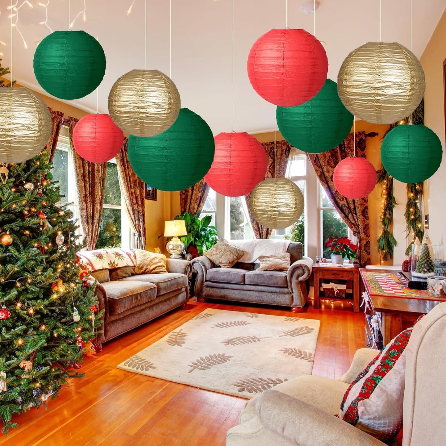 Green Red Paper Lanterns Decorative 12pcs Christmas Hanging Decorations for Graduation Anniversary Birthday Party