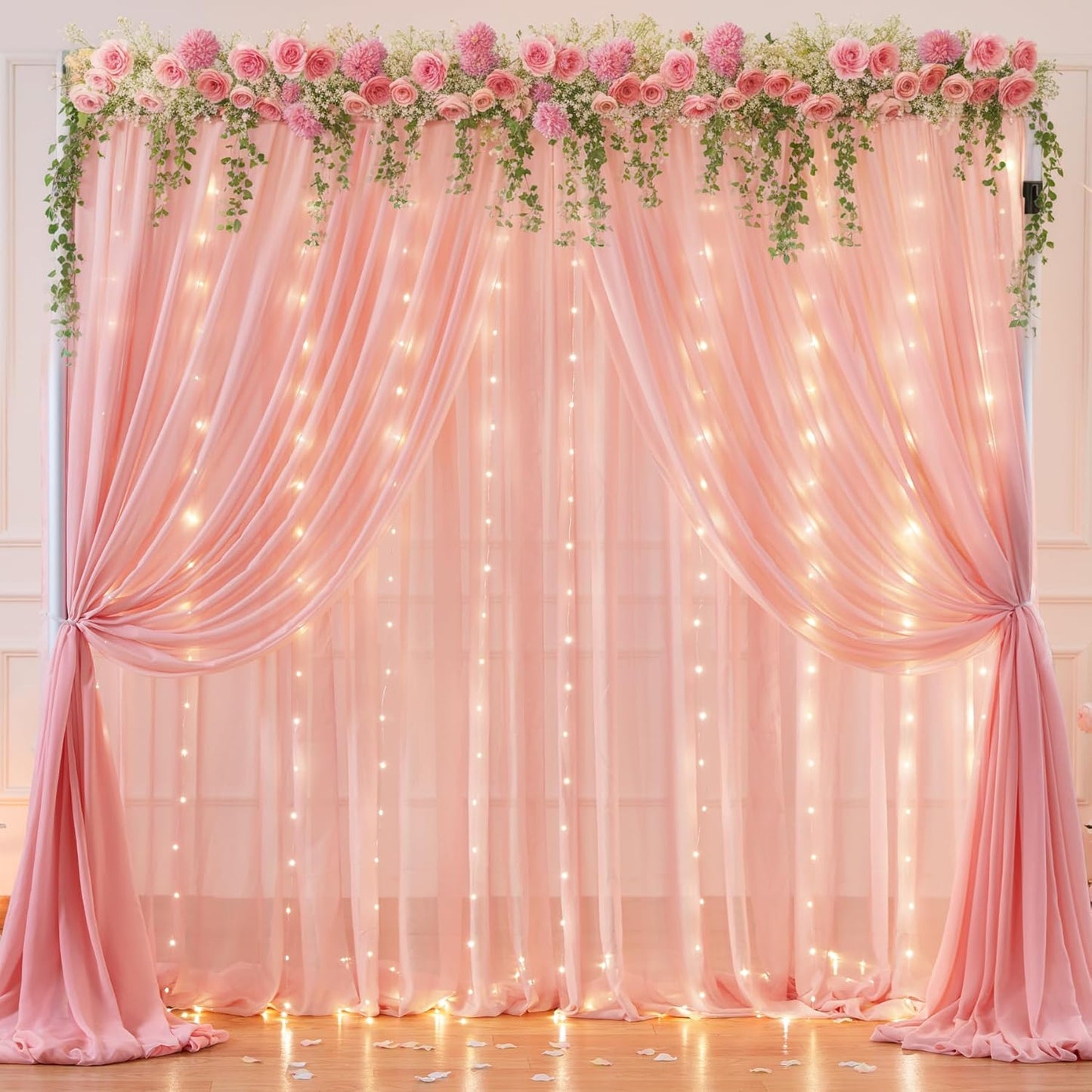 10ft x 7ft Baby Pink Chiffon Backdrop Curtain with Lights String for Parites Wedding Wrinkle Free Curtain Photo Backdrops Drapes for Baby Shower Birthday Party Home Decorations