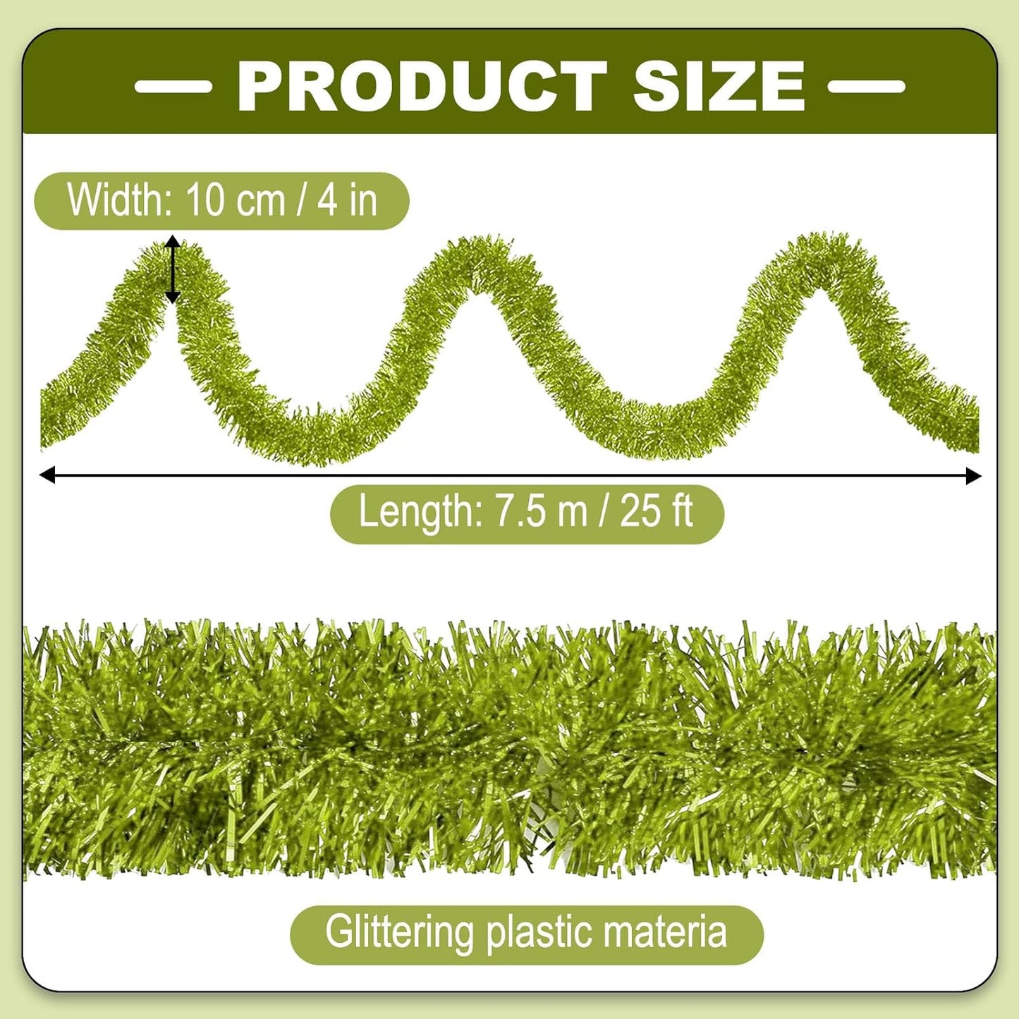 25 Feet Metallic Twist Tinsel Garland - Wall Hanging Backdrop for Parade Floats, Christmas Eve, New Year, Valentine's Day Parties (Light Green, 4in x 25ft)