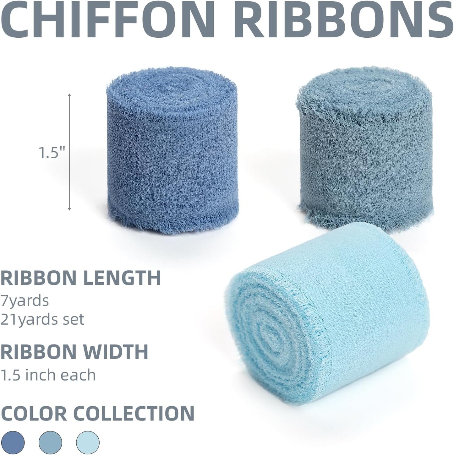 Baby Blue Dusty Blue Handmade Chiffon Ribbon,1.5" x 21Yd Frayed Silk Ribbons for Wreaths Bridal Flower Bouquet Christmas Gift Wrapping Wedding Decor Invitations Decorations (7Yards X 3 Rolls)