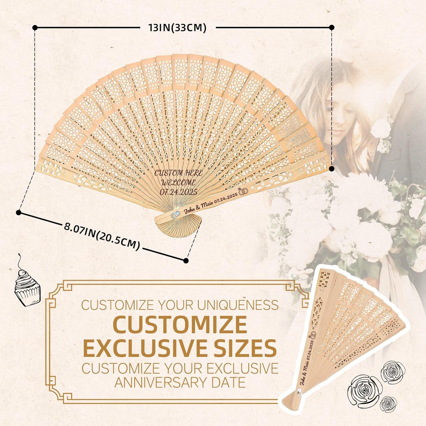 20pcs Personalized Wedding Fans for Guests - Custom Wooden Hand Fans with Names/Dates - Bulk Wedding Favors for Bridal Shower, Baby Shower & Parties (Wood, 20pcs)