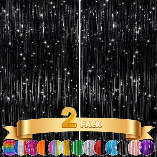 GCB 2Pack Black Metallic Tinsel Foil Fringe Curtains, Black Foil Curtain Backdrop, Photo Booth Props for Birthday Wedding Baby Shower Bachelorette Xmas Celebration Party Decorations Door Streamers