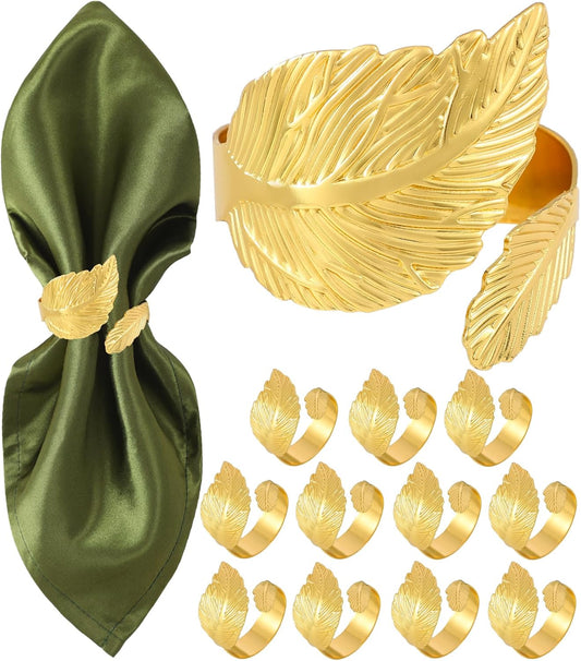 Gold Napkin Rings, Shiny Metal Napkin Rings Set of 12, Study Leaf Shaped Table Decor, Stylish Fall Napkin Ring Bulk for Christmas, Easter, Wedding, Party, Elegant Table Settings Gift Ideas