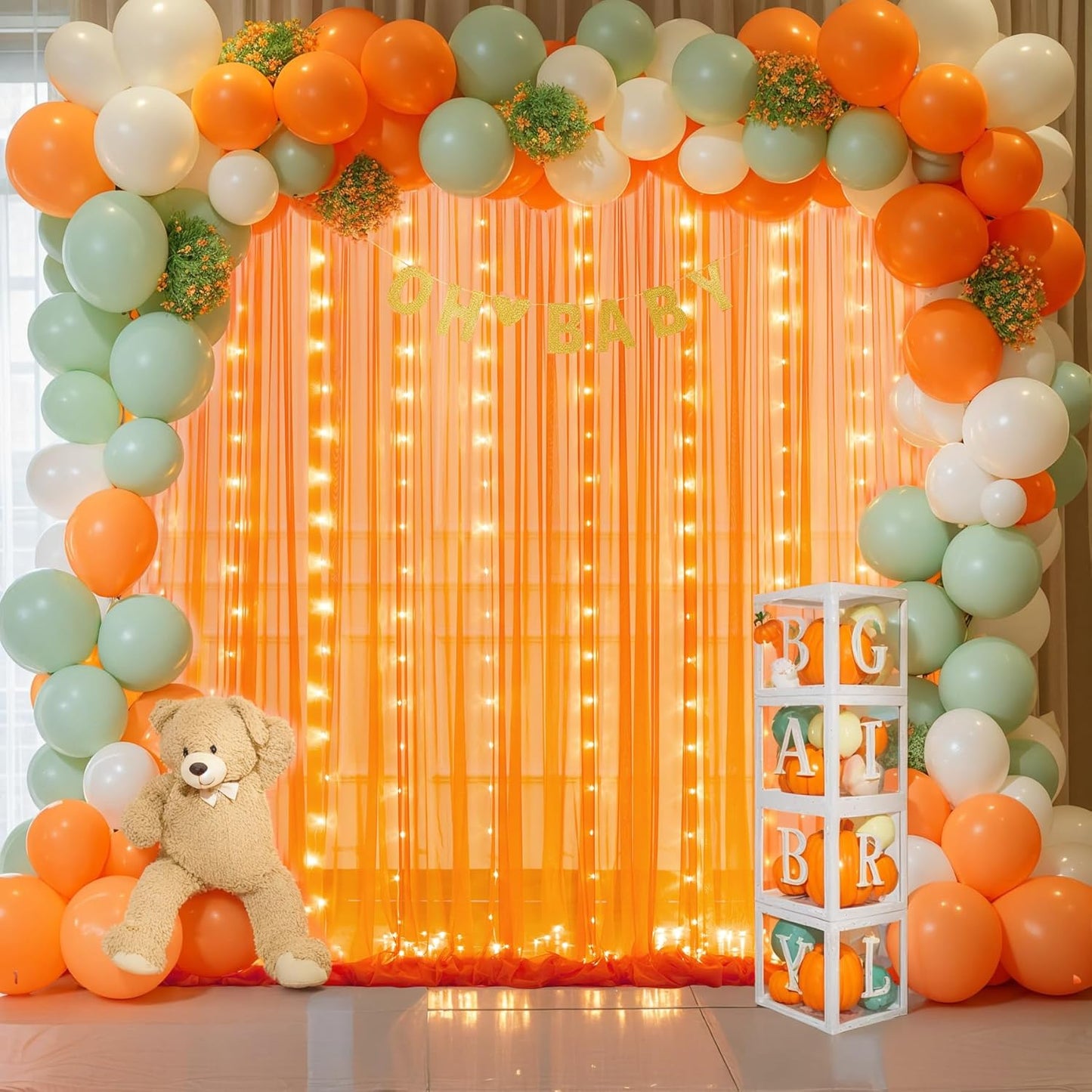 Orange Tulle Backdrop Curtain with Lights String for Parites 10x10ft Sheer Backdrop Curtains Drapes for Birthday Party Baby Shower Wedding Ceremony Prom Halloween Photo Booth Background Decorations