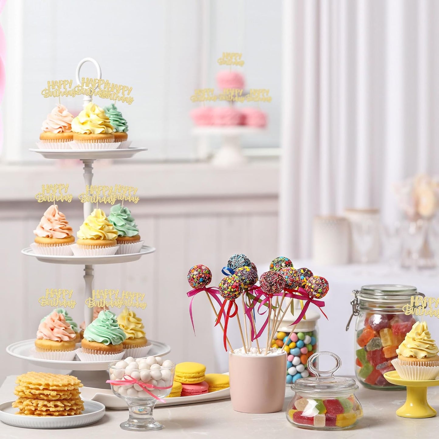 Gyufise 24Pcs Happy Birthday Cupcake Toppers Gold Glitter Celebrating Birthday Cake Picks Baby Shower Kids Birthday Party Decoration Supplies