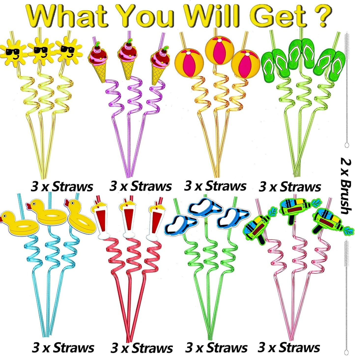24 Pieces Beach Theme Reusable Shape Straws, Drink Straws Beach Ball Pool Summer Birthday Party Favor Decorations with 2 Cleaning Brushes 8 Color Straws