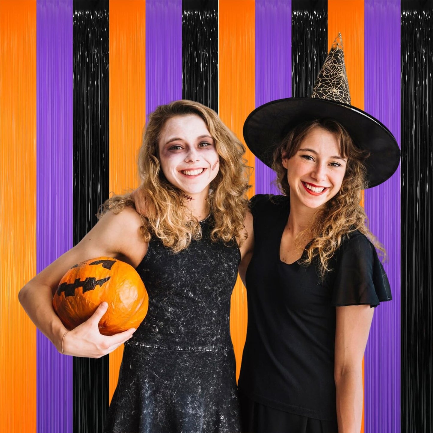 GOER 3.2 ft x 8.2 ft Metallic Tinsel Foil Fringe Party Backdrop for Halloween Birthday Graduation New Year's Party Decorations(4 Packs,Black&Orange&Purple)