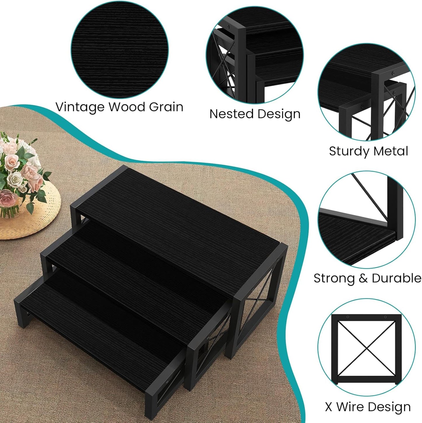 ELITEROO Black 3-Tier Wooden Cupcake and Dessert Display Stand, Multi-Tier Riser for Cupcakes, Food, Perfume, Makeup, Dolls, Collectibles, and Market Vendor Retail Shelf Organizer