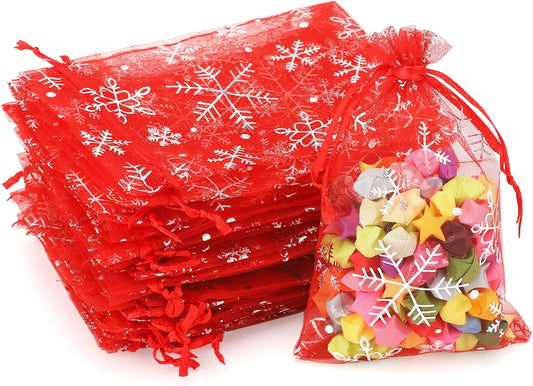 jijAcraft 4x6 Inch Christmas Organza Bags - 50Pcs Red Snowflake Gift Bags with Drawstring, Xmas Party Favor Sheer Mesh Pouches for Winter Gift, Candy, Jewelry Bag