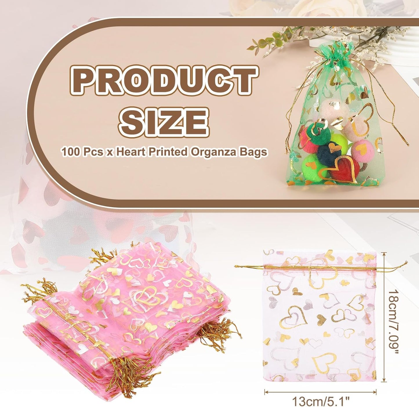 PATIKIL 100 Pcs 5x7 Inch Heart Printed Organza Bags, Pink Sheer Heart Organza Bags with Drawstring for Christmas Candy Jewelry Party Wedding Favor Gift