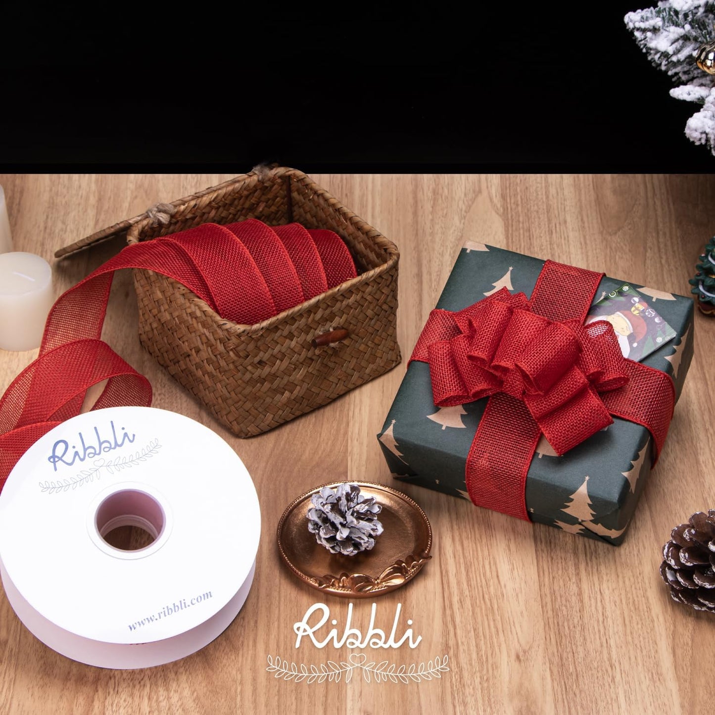 Ribbli Red Burlap Wired Ribbon, 1-1/2” Inch x Continuous 20 Yard, Red Wired Ribbon for Wreaths,Big Bows,Tree Decoration,Outdoor Decoration